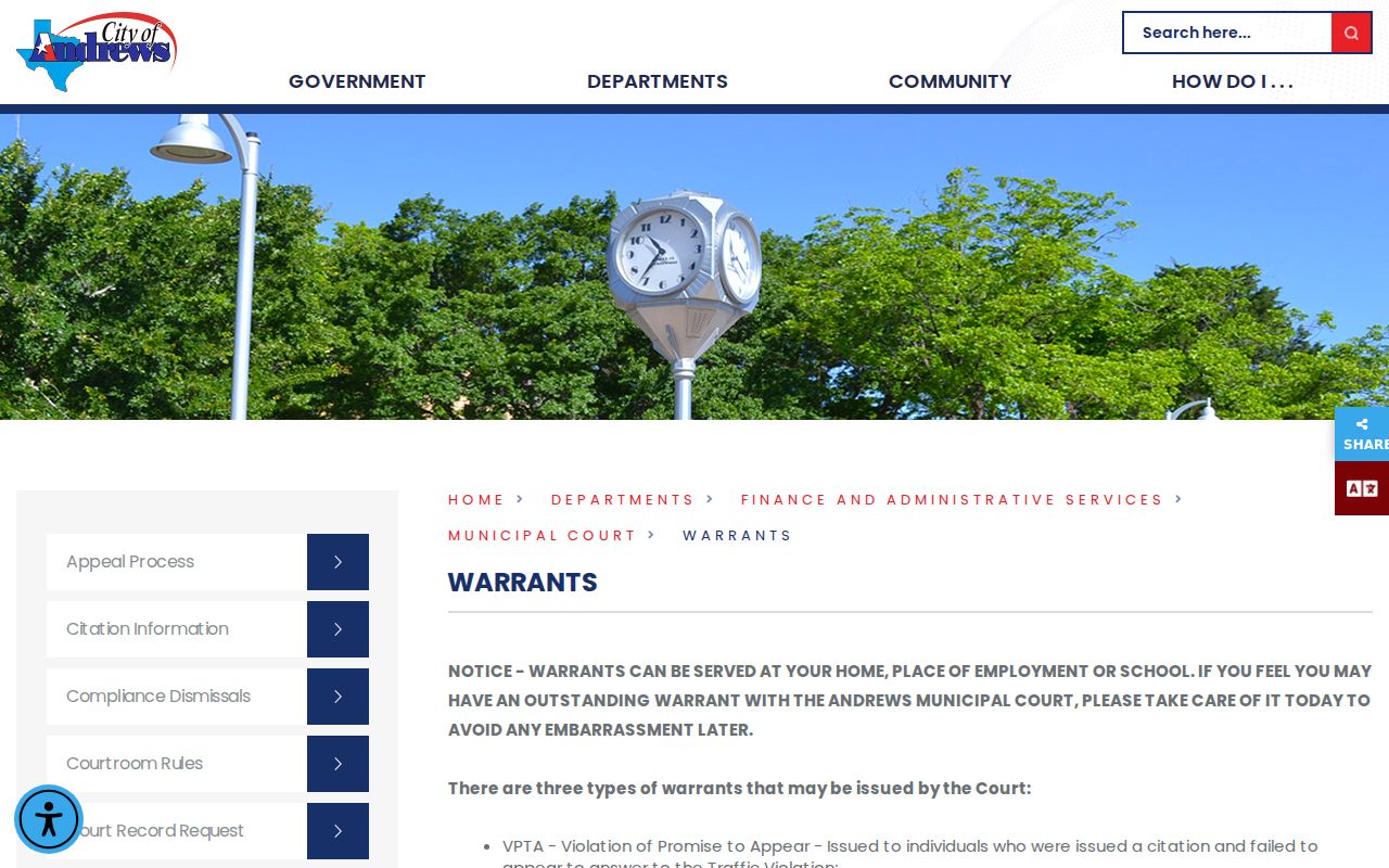Andrews County municipal warrant types and court terms