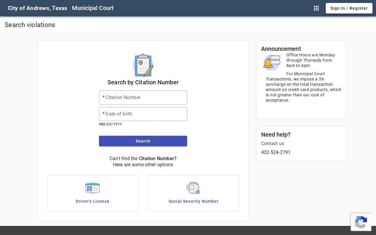 Andrews County municipal warrant portal search fields